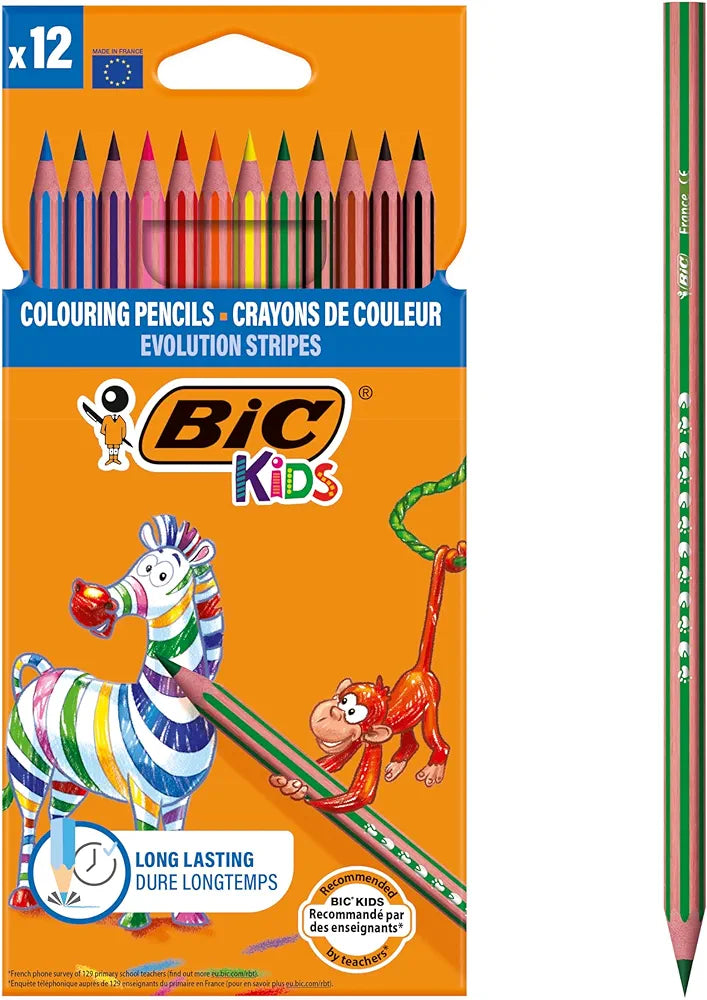 BIC Kids Evolution Stripes Crayons - Assorted Colours, Pack of 12